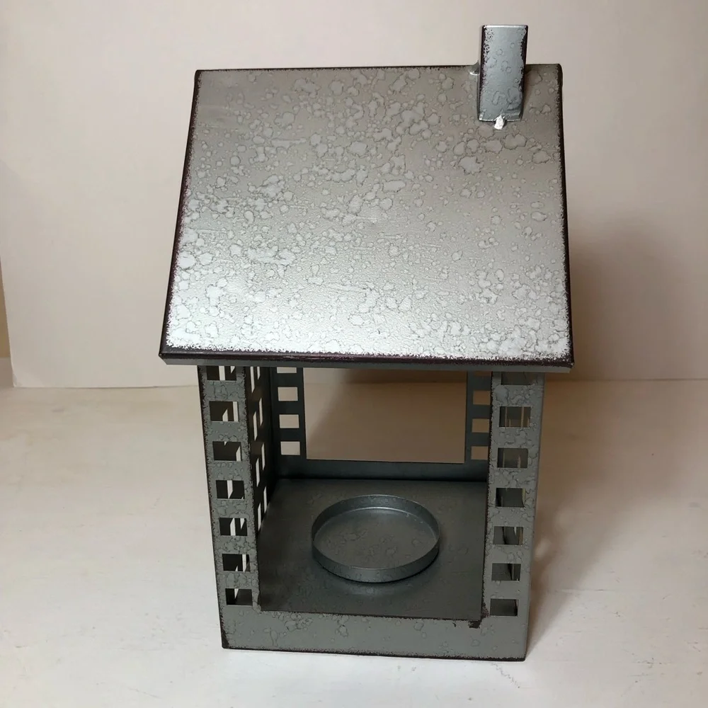 Decorative Galvantized Metal House Lantern/Candle/Votive Holder, EUC, Gray